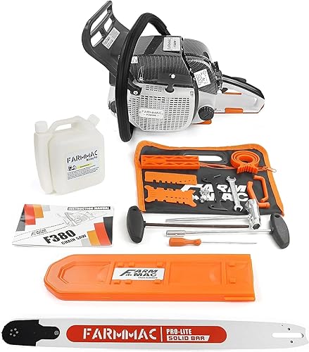 Miniatura 5 de FARMMAC Motosierra de gas F380W con barra de avance de 28 pulgadas, sierras de cadena de alimentación de gasolina de 2 ciclos de 72 cc, 3.6 KW 4.8