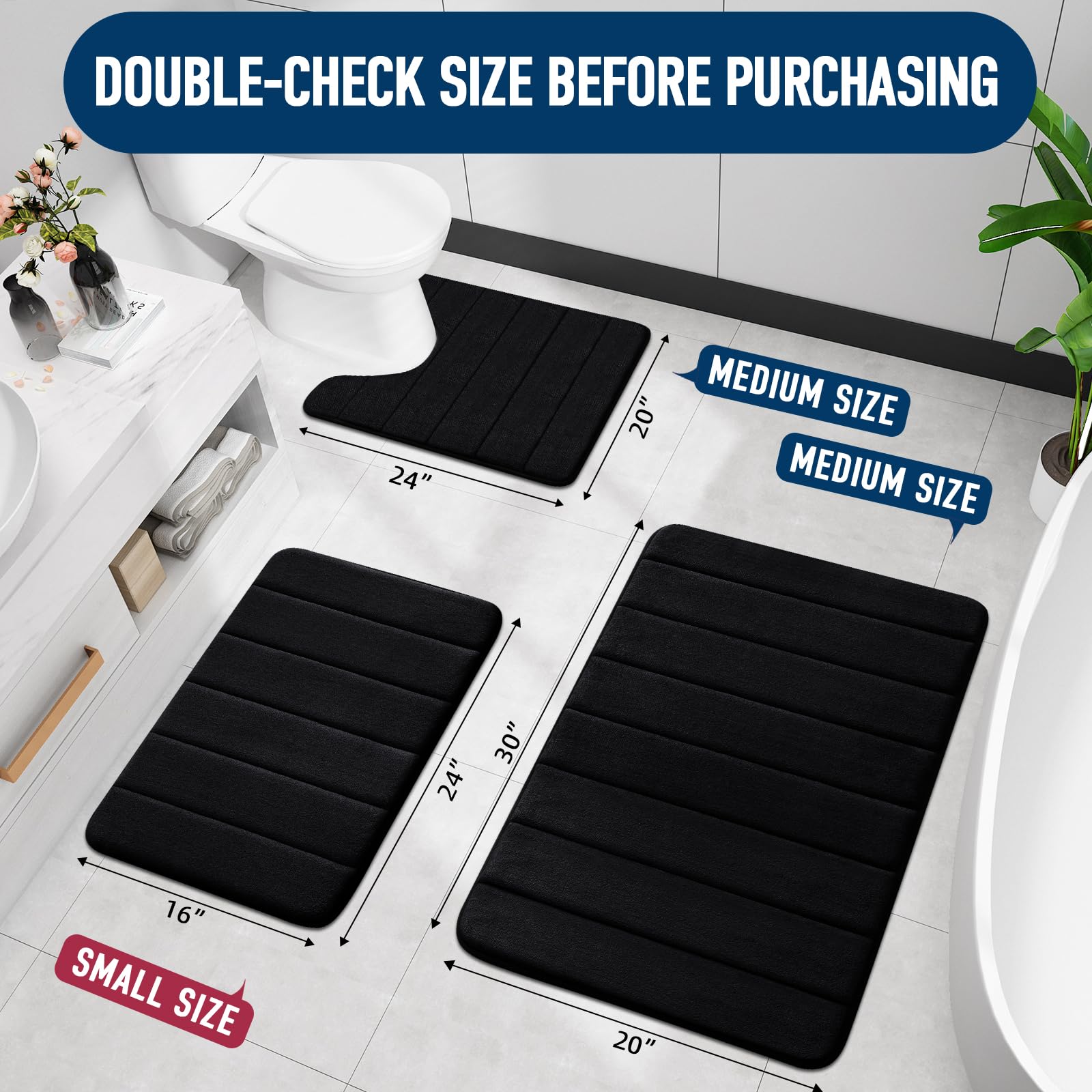 OLANLY Thick Memory Foam Bath Mat Rug 44x24, Extra Soft Absorbent Bathroom Rug, Quick Dry Bath Mats, Non-Slip, Machine Washable Carpet For Bathroom, Tub And Shower, Home Decor Accessories, Black