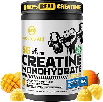 Natures Aid Creatine Monohydrate Gummies Pre-Workout Energy & Muscle Growth Support for Men & Women | Mango Electrolyte Gummies 135 Count