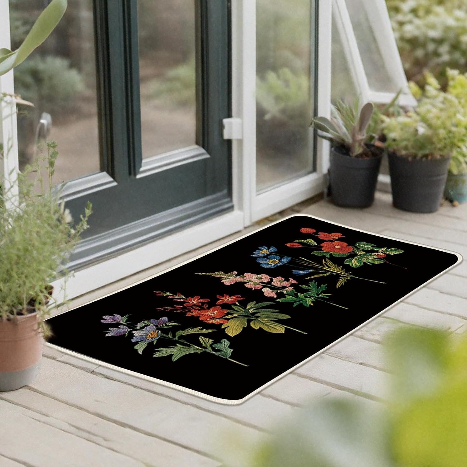 Black Flower Kitchen Rugs Set of 2, Spring Summer Floral Plants Leaves Botanical Floor Mats Home Decor, Farmhouse Wildflower Door Mat Decorations - 17x29 and 17x47 Inches