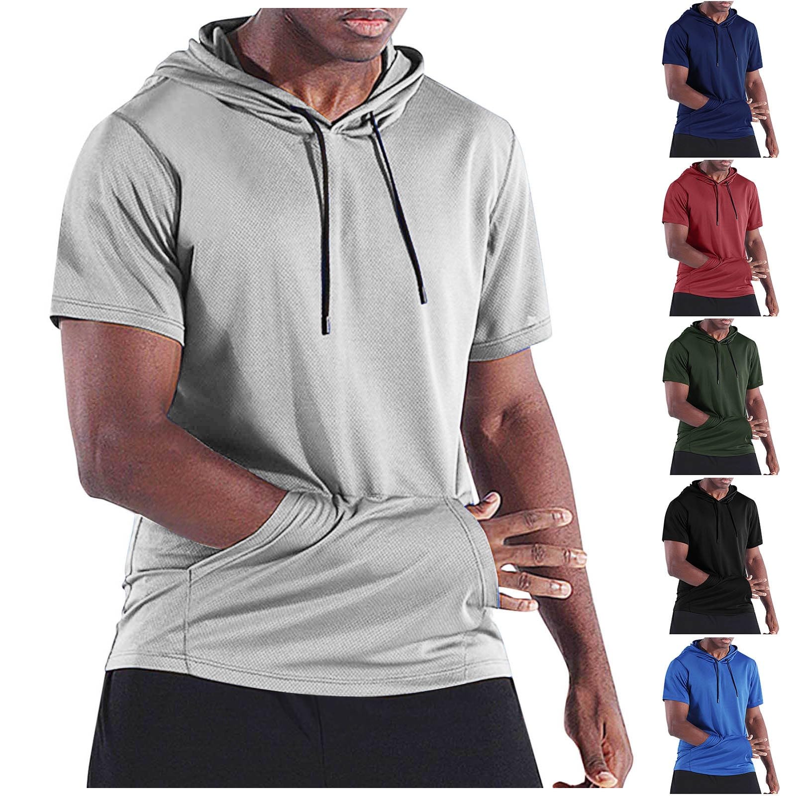 Mens Short Sleeve Hooded Shirt Casual Athletic Quick Dry Breathable Tops Summer Gym Workout Hoodies with Pockets