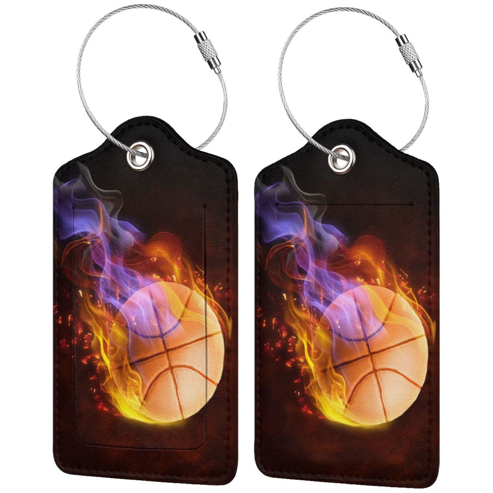 Set of 2 Sports Luggage Tags with Fire Basketball Pattern, Leather Suitcases Tag with Stainless Steel Ring for Backpack Baggage, Cool Travel Labels