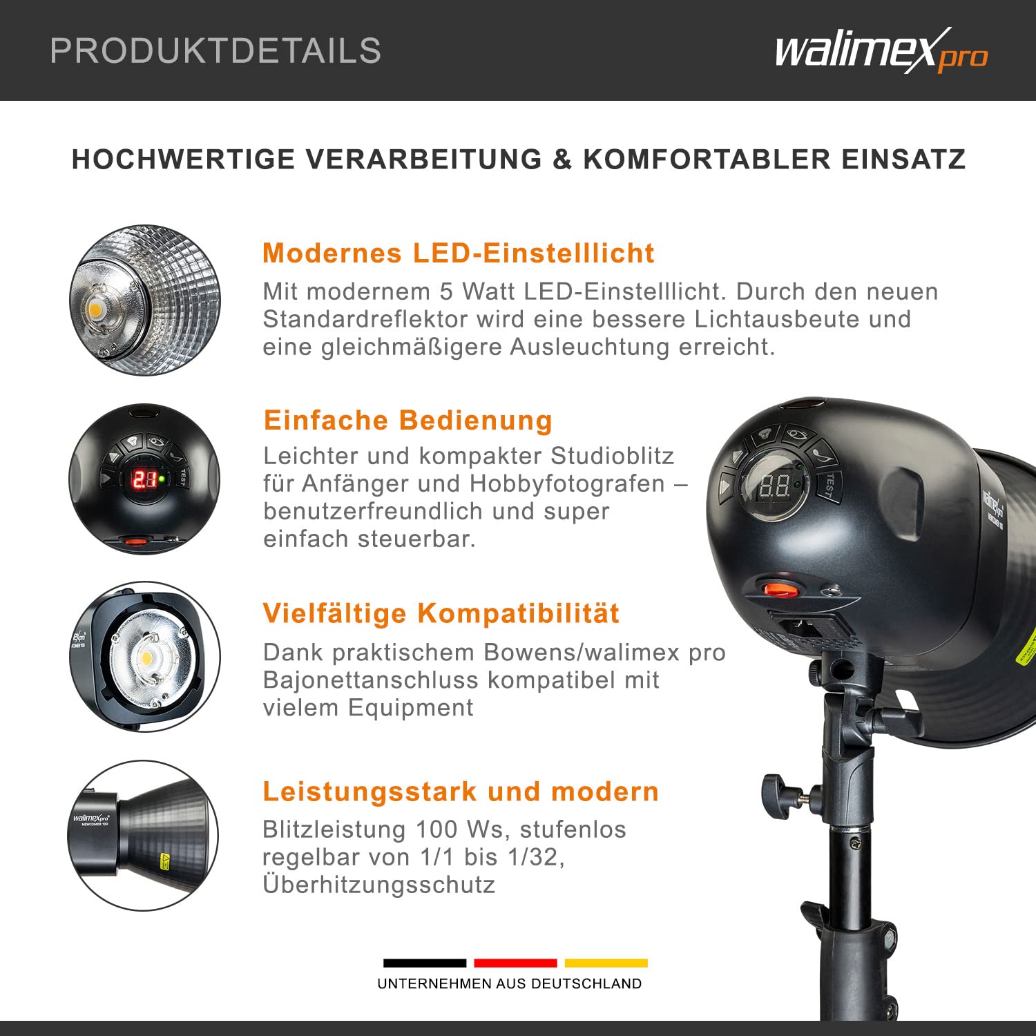 Walimex pro Flash de Estudio Newcomer 100 II luz LED lámpara de Estudio con Mando a Distancia, Gran Potencia Luminosa y protección contra sobrecalentamiento