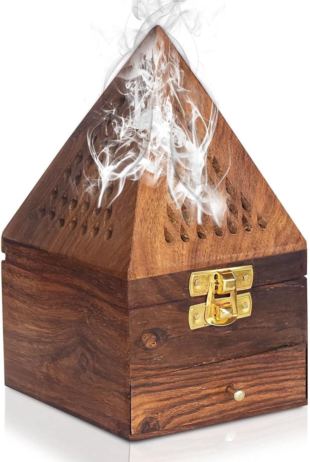 Wooden Pyramid Shape Incense Box Hoder Stand with Drawer | Wooden Agarbatti Stand with ash Catcher for Home Office | Incense Sticks Holder (Large)