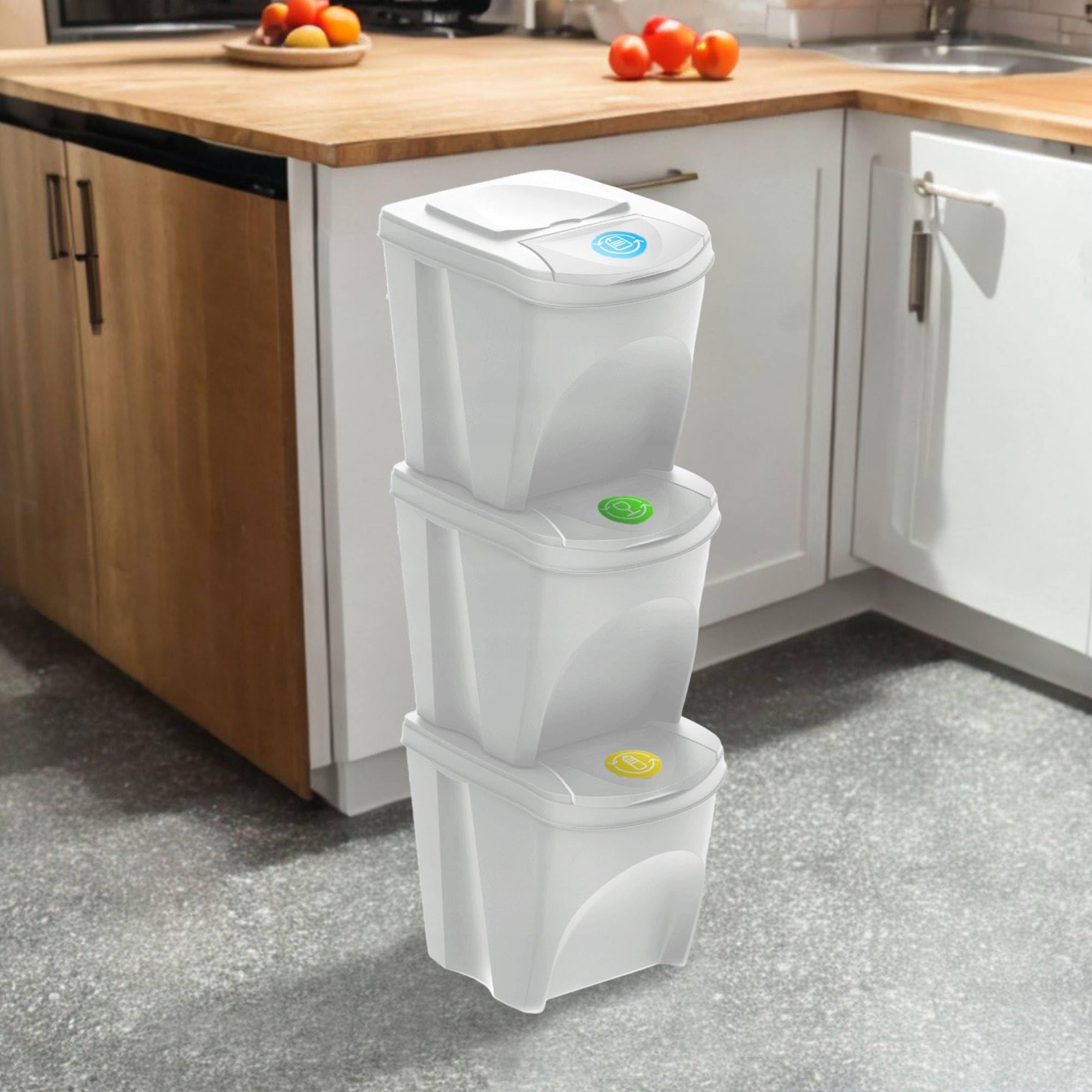 Set de 3 cubos de basura-papelera reciclaje, blanco roto, 3x 25L