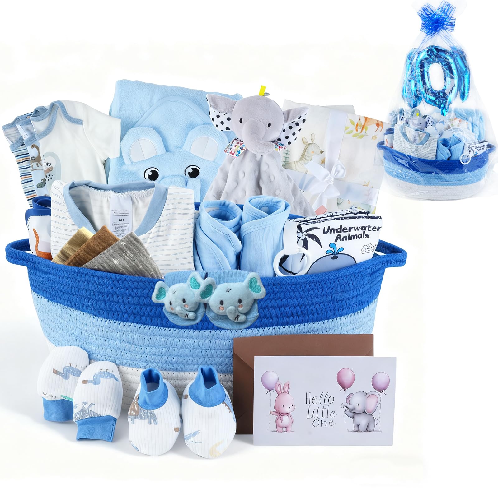 Set di 22 cesti regalo per neonati, blu (0-12 mesi), regalo di prima qualità per baby shower per ragazzi: set essenziale per neonati in cestino intrecciato con palloncino e fiocco, pacchetto