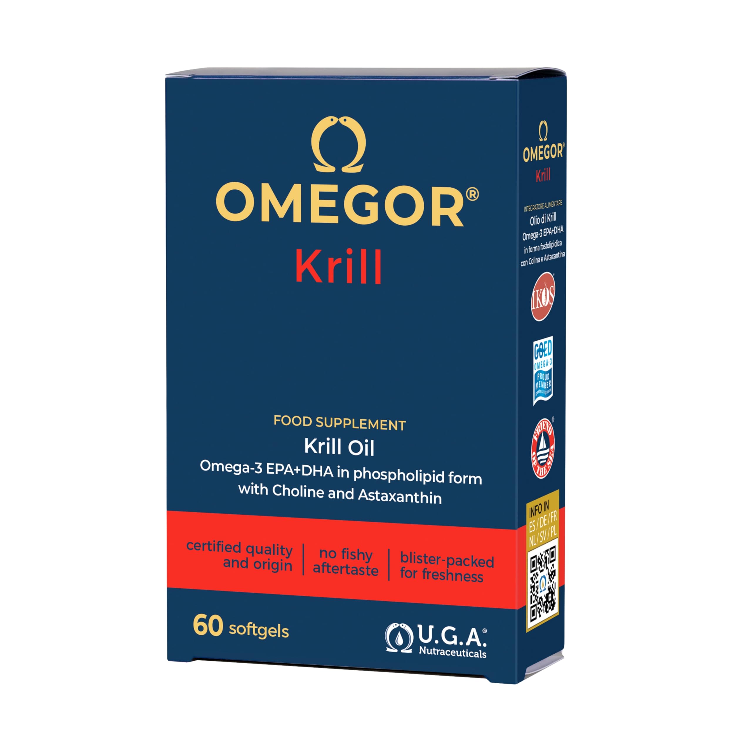 Aceite de Krill Omega 3 IFOS Certificado - OMEGOR Krill Oil Omega3 EPA y DHA con Fosfolípidos, Colina y Astaxantina de Alta Biodisponibilidad - sin Sabor a Pescado (60 Cápsulas)