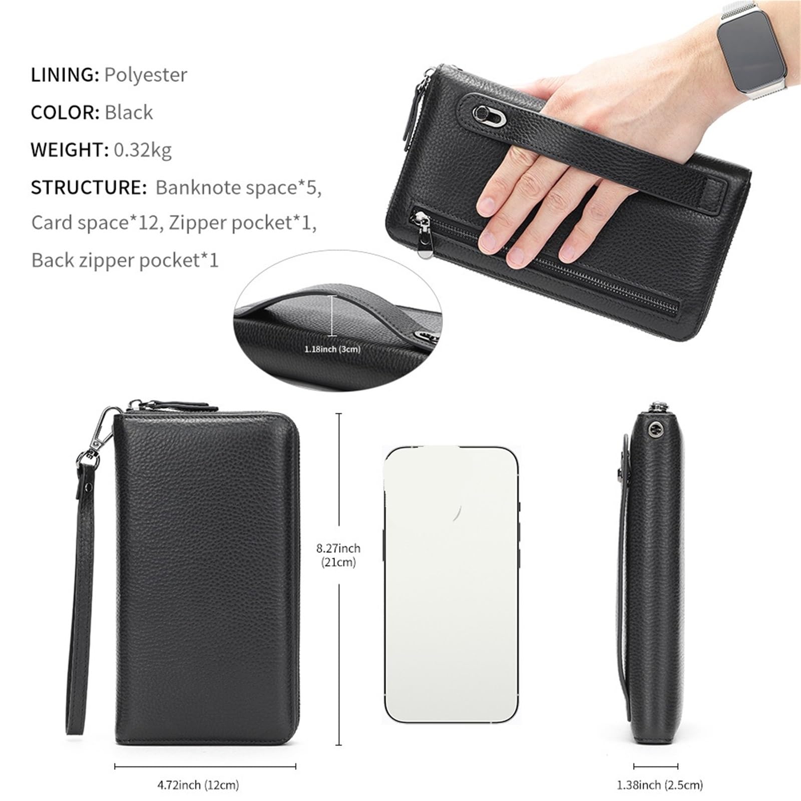Portafogli lunghi da uomo neri Portafogli lunghi da uomo Portafogli da lavoro casual in pelle con cerniera Borsa for telefono di grande capacità