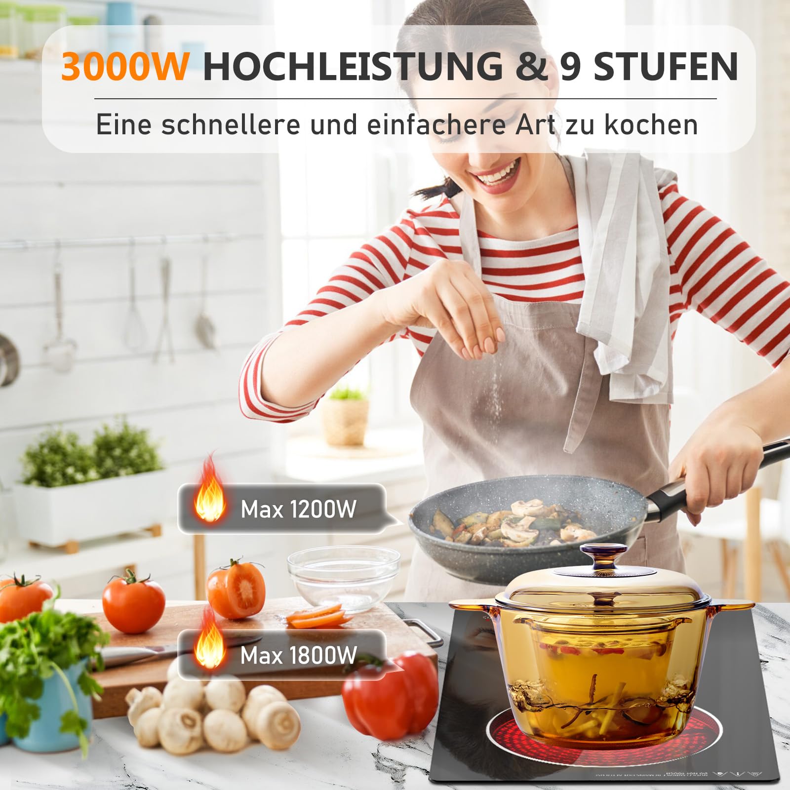 Glaskeramikkochfeld 2 Kochzonen 3000W 30 cm, Domino Elektrokochfeld Einbau oder freistehend mit Stecker, Timer, Pause, Warmhaltefunktion & Kindersicherung, Slide-EU23S1