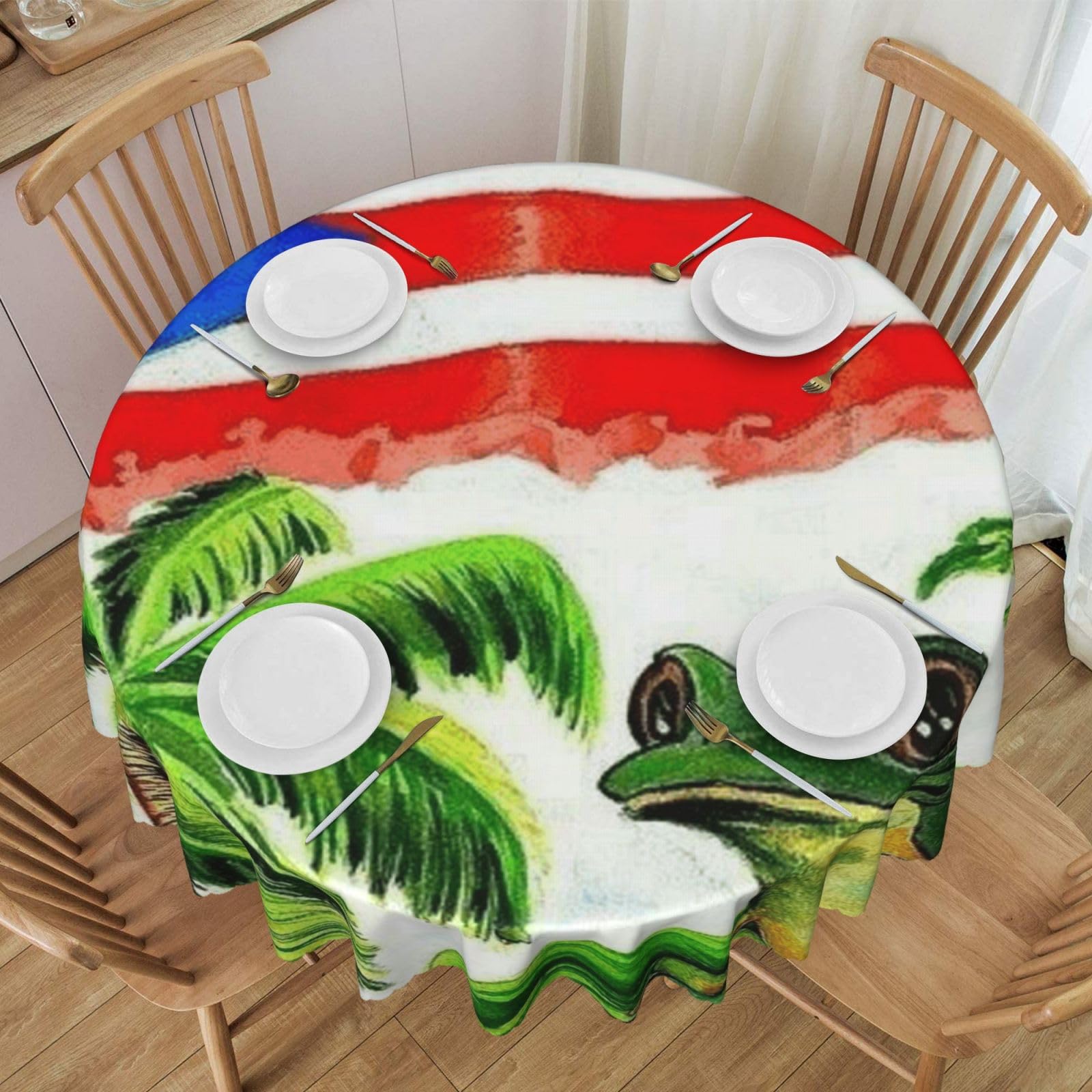 DCEHGEW 60 In Round Tablecloth with Lace, Puerto Rico Flag Frog Palm Trees Printed Oilproof & Washable Fabric Picnic Table Cloth Table Covers
