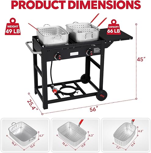 Miniatura 2 de Freidora de propano para exteriores con carrito móvil, estufa de 2 quemadores con 100,000 BTU en total, 2 ollas de aluminio de 18 cuartos de galón,