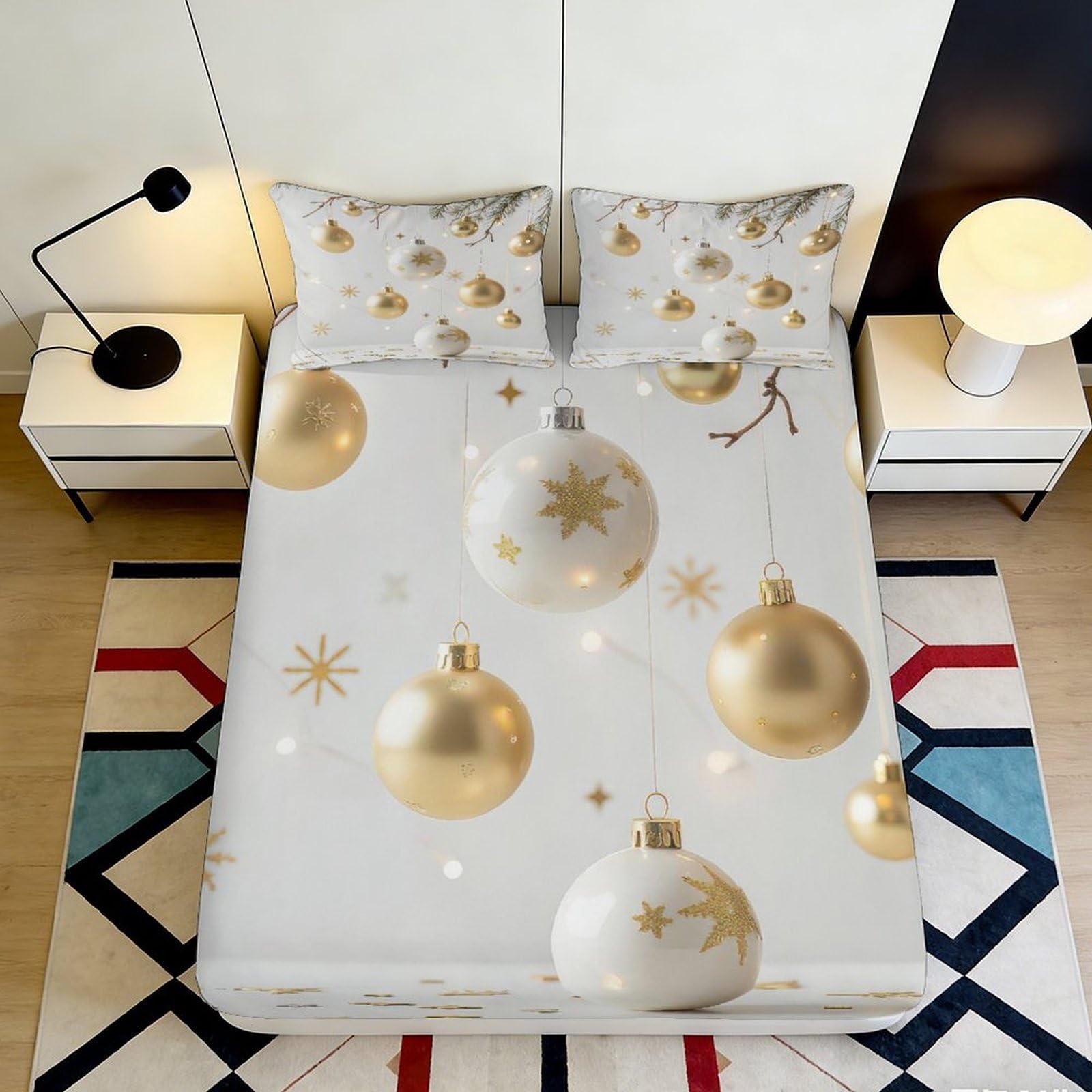 3D Printed Golden Christmas Ornament Fitted Sheet Microfiber Soft Decorative Bed Cover for Bedroom Guest Room Dorm 90x200x25cm