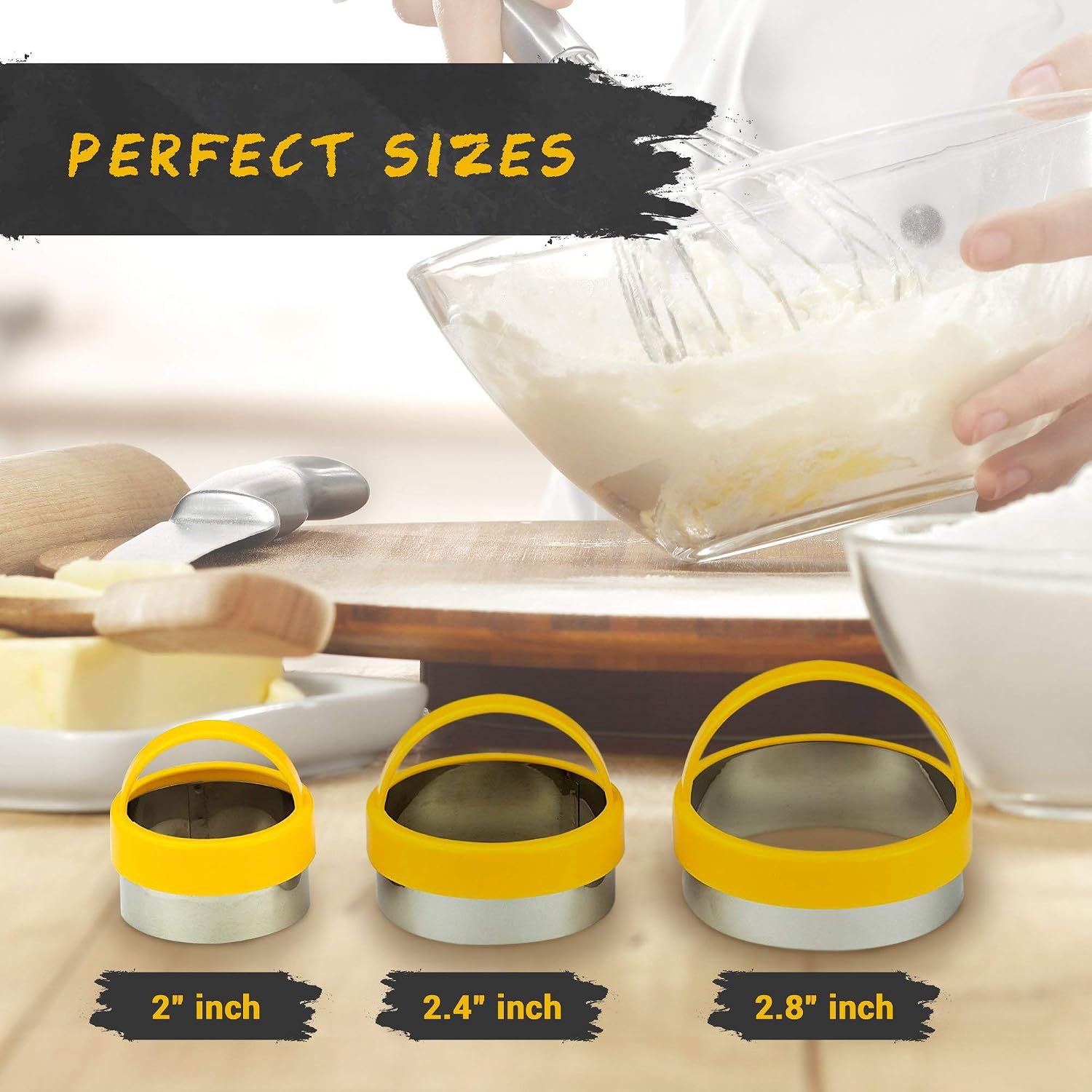 Pada Cookie Cutters - Stainless Steel Round Cookie Cutter Set for Pastries, Empanadas, Doughnuts, Biscuits - 3 Piece includes Mini Cookie Cutter for Kids (Round)