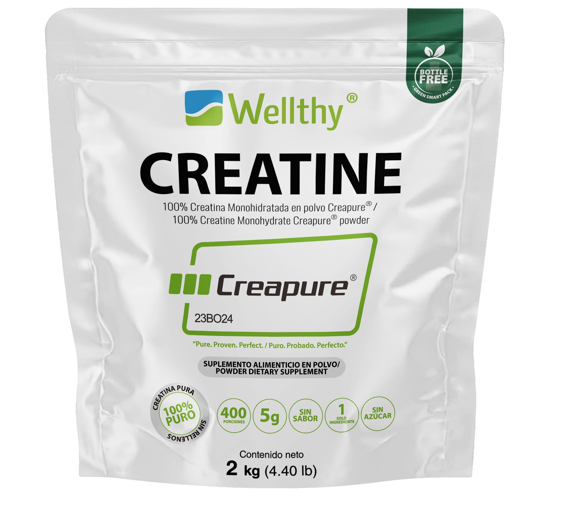 Wellthy Creatina Monohidratada Micronizada Creapure® 2kg. 100% Pura. Solo 1 Ingrediente Creatina Alemana Creapure®. Vegana, Sin Azúcar, 400 porciones, 5g por porción, Pre Entreno con Scoop. Pure. Proven. Perfect.