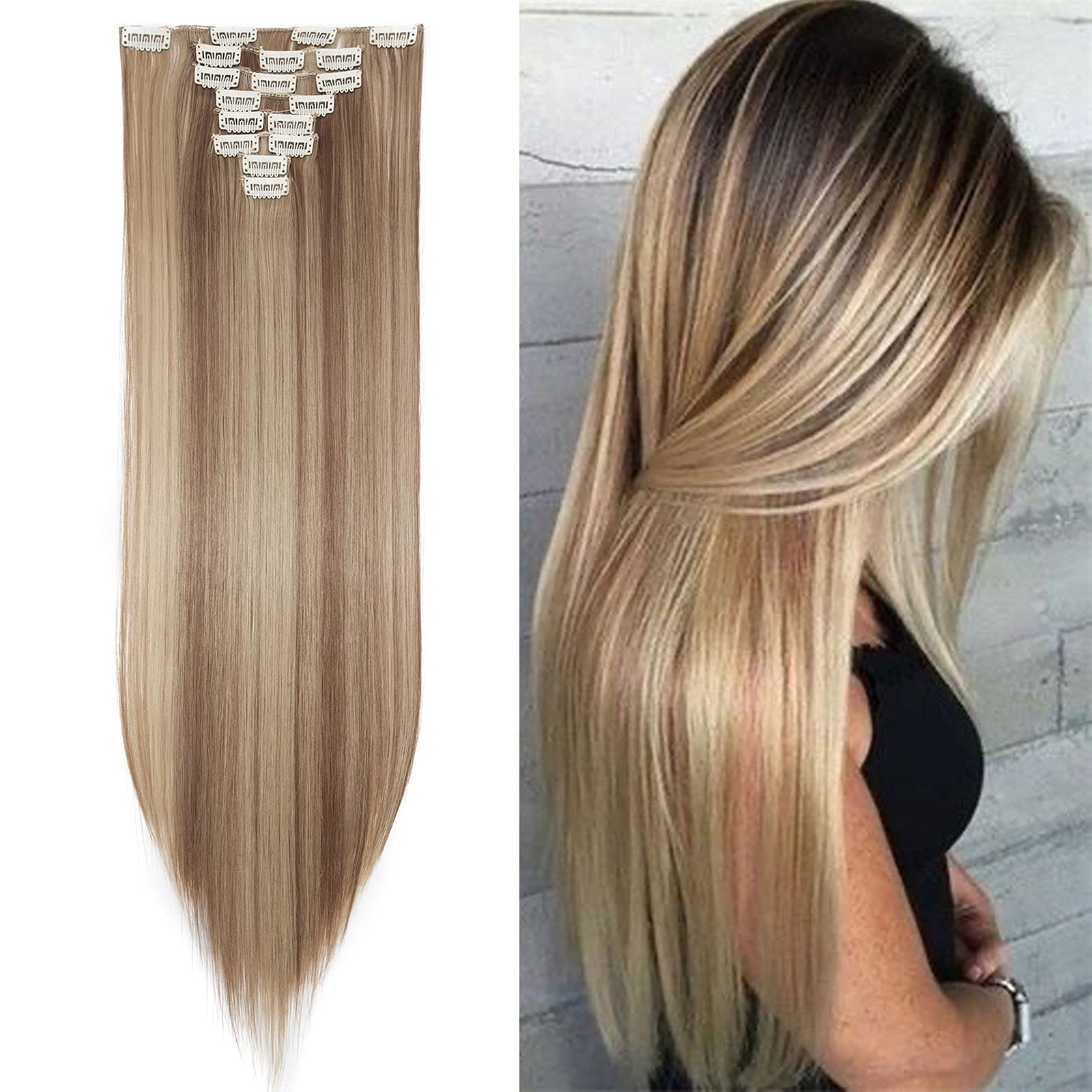 Extensiones de Cabello Natural Clip in Extensions Cabeza llena 8 Piezas 18 Clips Sintético Resistente al Calor Pedazo de Cabello Recto 66cm Castaño claro & rubio ceniza