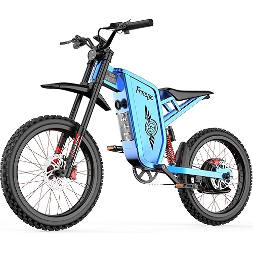 Freego Electric Motorcycle for Adults, X2Pro Electric Dirt Bike 6000W(Peak) Motor 60V/30Ah Battery,50MPH/70Mile Off Road Electric Bicycle,19x2 Tire Full Suspension/Four-Piston Hydraulic Brake (Blue)