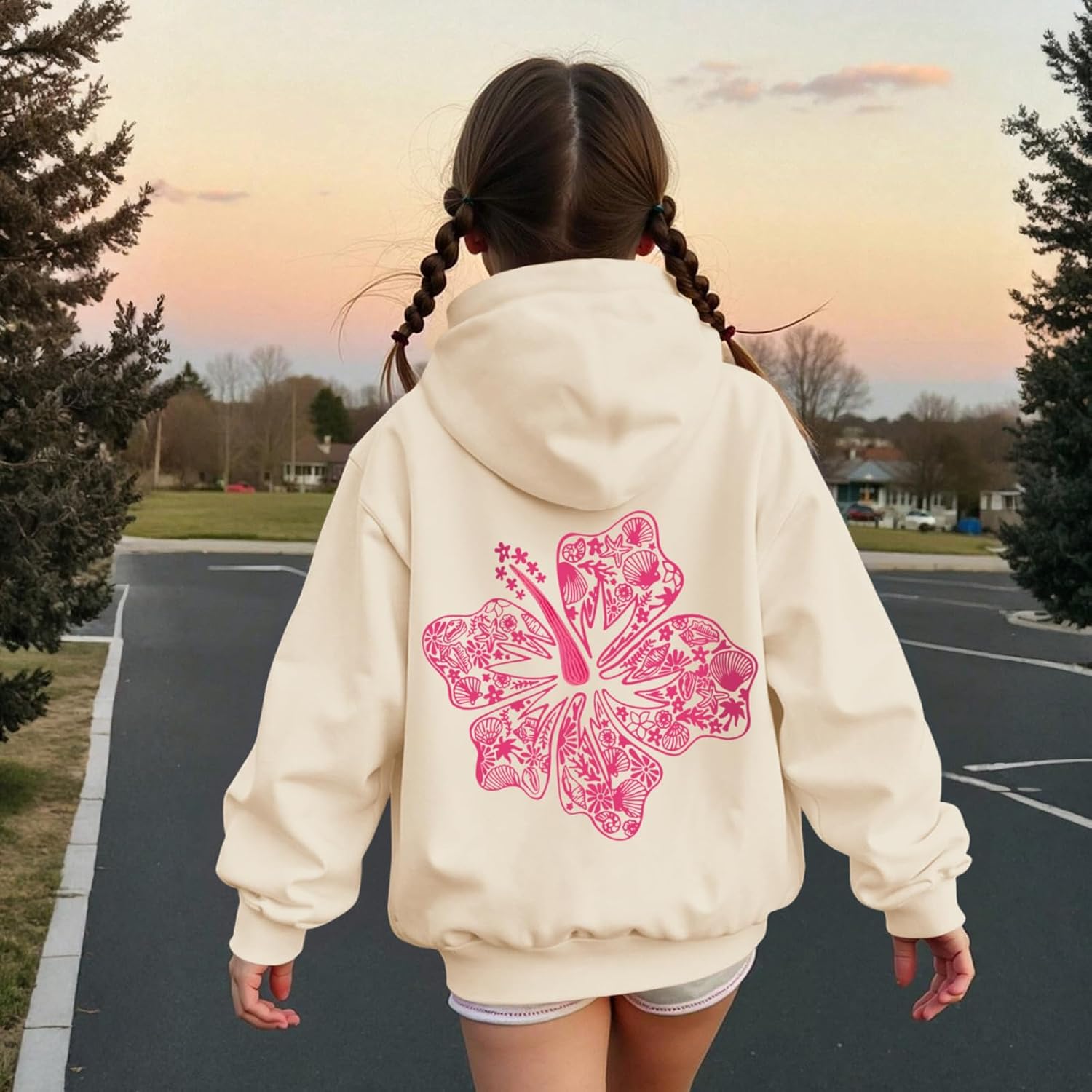 Cute Pink Hoodie Kids Girls Aesthetic Preppy Hibiscus Flower Puff Hoodies Kawaii Hawaii Palm Beach Graphic Pullover