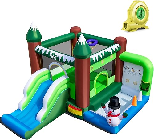 KOTEK Casa de rebote, castillo inflable de muñeco de nieve con tema de invierno 6 en 1 con soplador, área de salto, tobogán, piscina de pelotas, kit