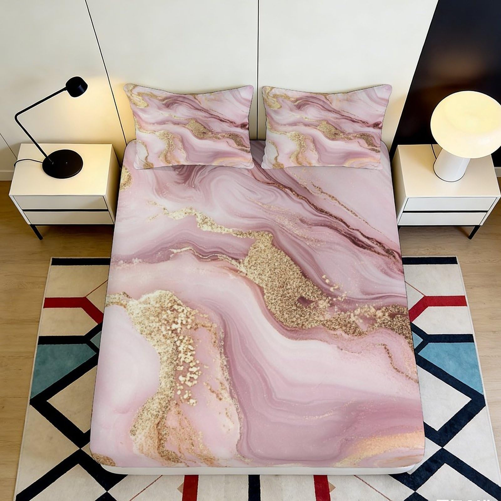 3D Printed Marble Pattern Fitted Sheet Microfiber Deep Pocket Bedroom Bedding Elastic Hem Marble Mattress Fitted Cover Washable Gift 120x200x25cm