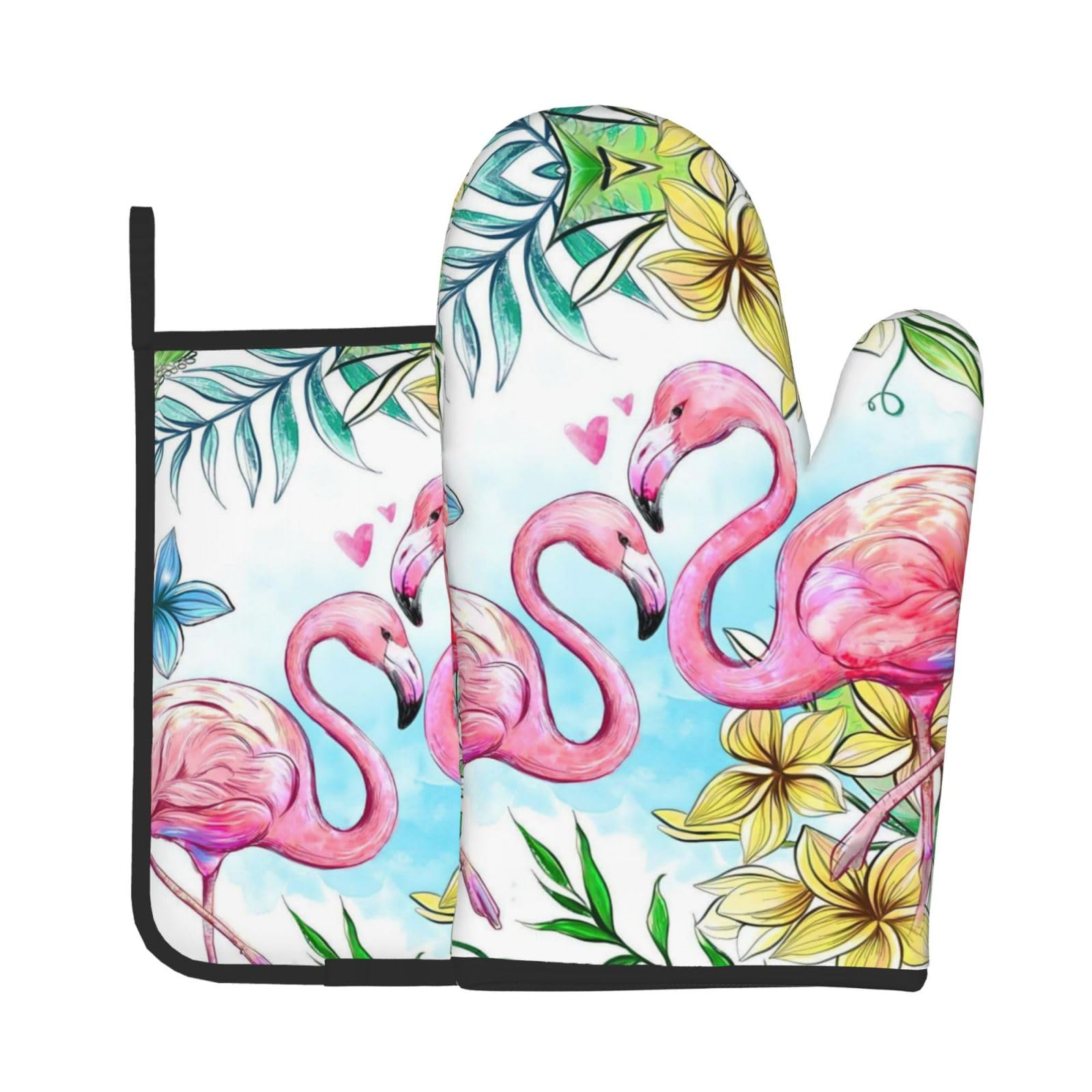 Flamingo Flowers Kitchen Baking Two-Piece Set,Multipurpose Oven Gloves,Used for Barbecue Kitchen Baking
