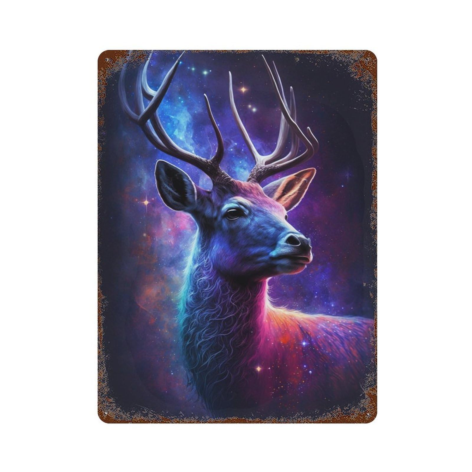 Vintage Rust Metal Sign with Cosmic Deer Fantasy Artwork Design 15.7"x11.8", for Shed, Workshop And Garage Wall Decor, Retro Wall Decor