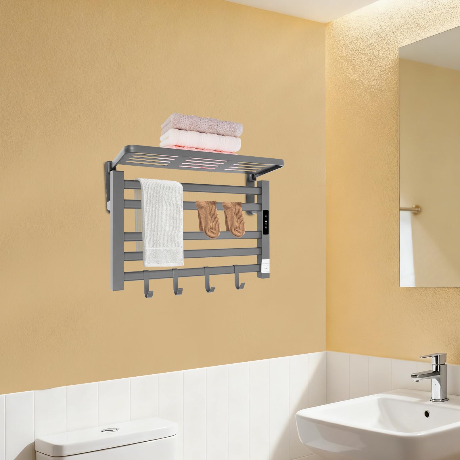 Sèche-serviettes électrique mural avec 5 barres chauffantes en fibre de carbone écran tactile minuterie 0-24h IPX5 en 3 couleurs pour salle de bain (gris)