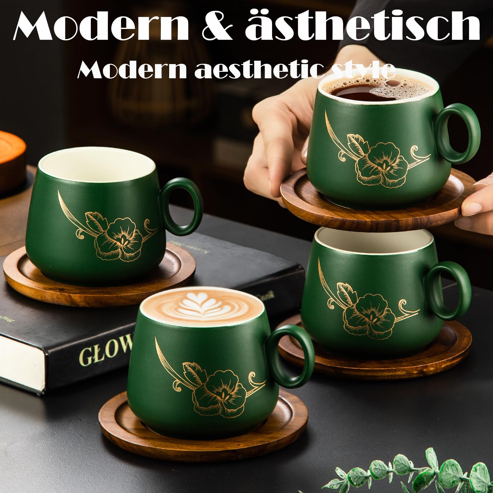 Yundu Matte Grün Keramik Cappuccino Tassen Set 4er-Set – 300ml Cappuccino Tassen mit Holzuntersetzern & Goldblumen-Design, Kaffeetassen Set mit Untertasse für Latte Art, Espressotassen, Tee Küche, Haushalt & Wohnen
