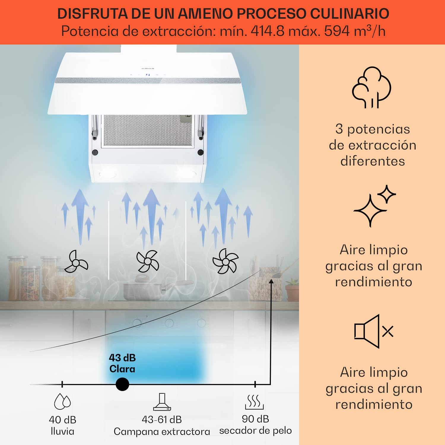 Klarstein Clara Campana Extractora 90 cm Angular, Campanas Extractoras, Extractor Cocina con Filtro Aluminio para Grasa, Apto Lavavajillas, Flujo de aire de 590m³/h, Luz LED RGB, Bajo Consumo Clase A