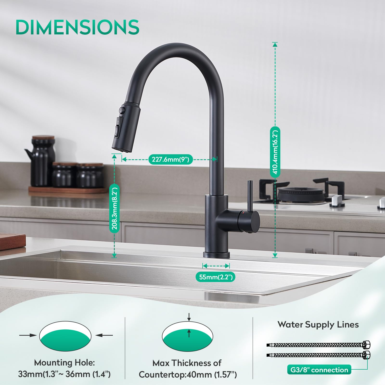 CREA 3 Wege Küchenarmatur mit Brause, Drei Wege Wasserhahn Küche Ausziehbar, 360° Drehbar 3 Wege Mischbatterie, Einhand Trinkwasserhahn, 3 in 1 Spültischarmatur, 3 Wege Armatur aus Edelstahl,Schwarz