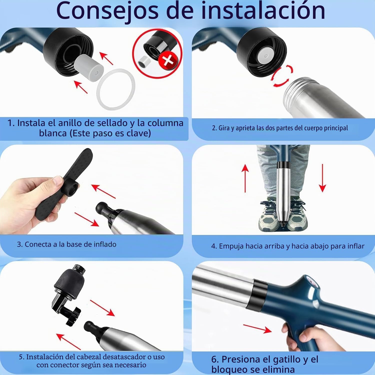 Limpiador de tuberías de aire comprimido – Desatascador de alta presión con 4 ventosas e indicador de presión de aire, bomba de aire comprimido de acero inoxidable 304 para lavabo, inodoro