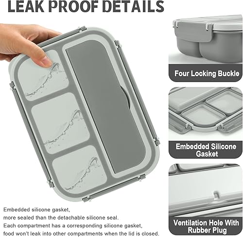 Miniatura 4 de Lonchera Bento para adultos, recipientes para niños y niñas con 4 compartimentos, contenedor de alimentos con utensilios, tarro de salsa, forros
