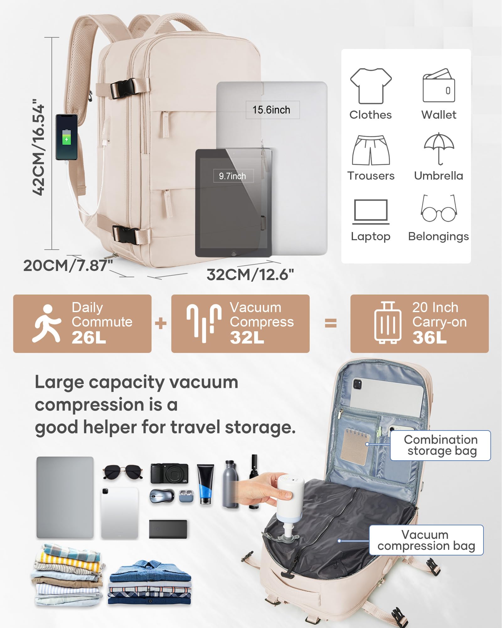 SZLX Zaino Ryanair 40x30x20 Sottovuoto Zaino da Viaggio 40x30x20 Wizzair Donna da escursionismo sportivo impermeabile Zaino Casual Laptop da 14 Pollici con porta di ricarica USB Scomparto per Scarpe