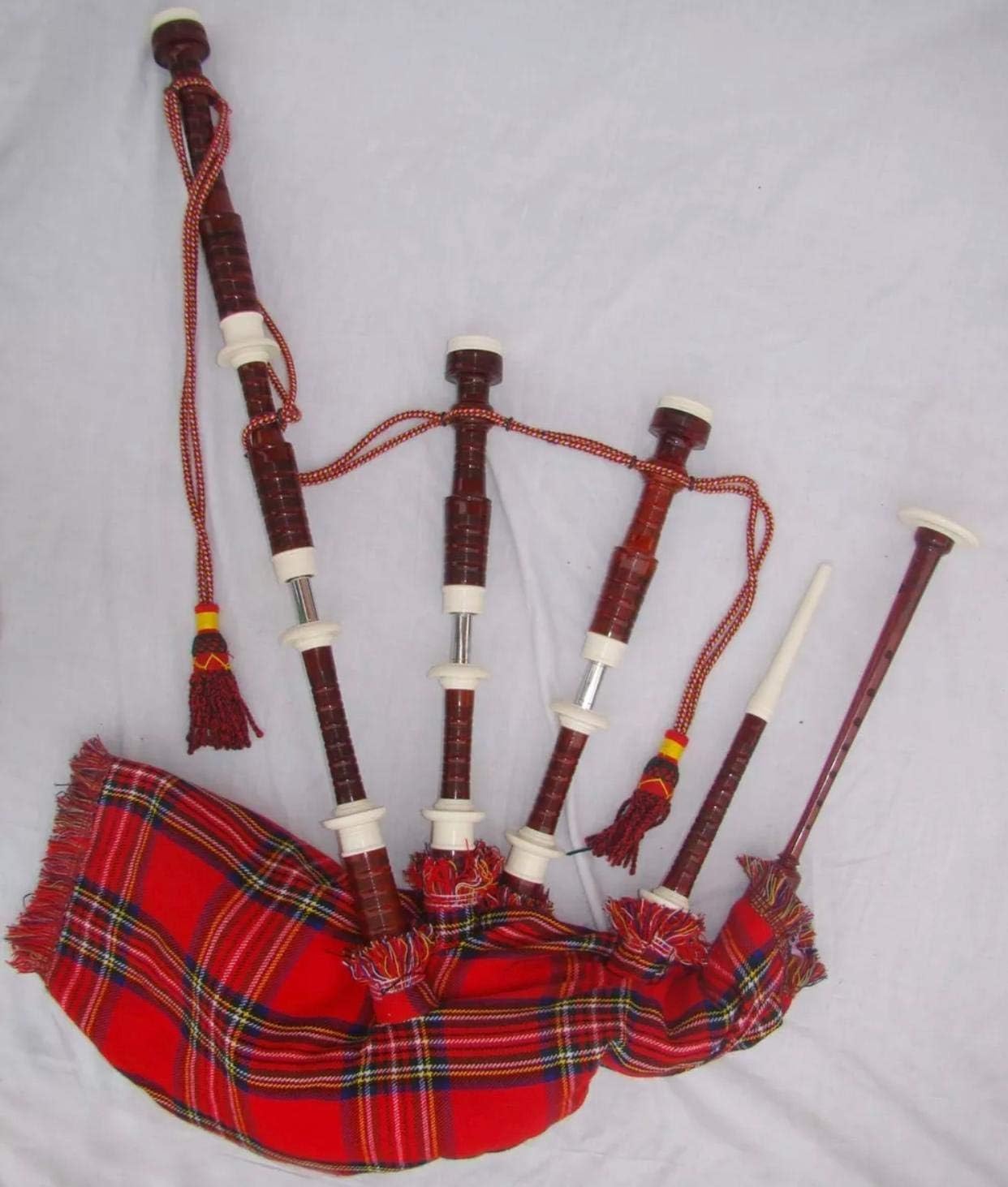 AAR Scottish Full Size Bagpipe Sheesham wood or Red Finish with Silver Plain Mounts, Free Tutor Book, Carrying Bag, Drone, Reeds (Royal Stewart)