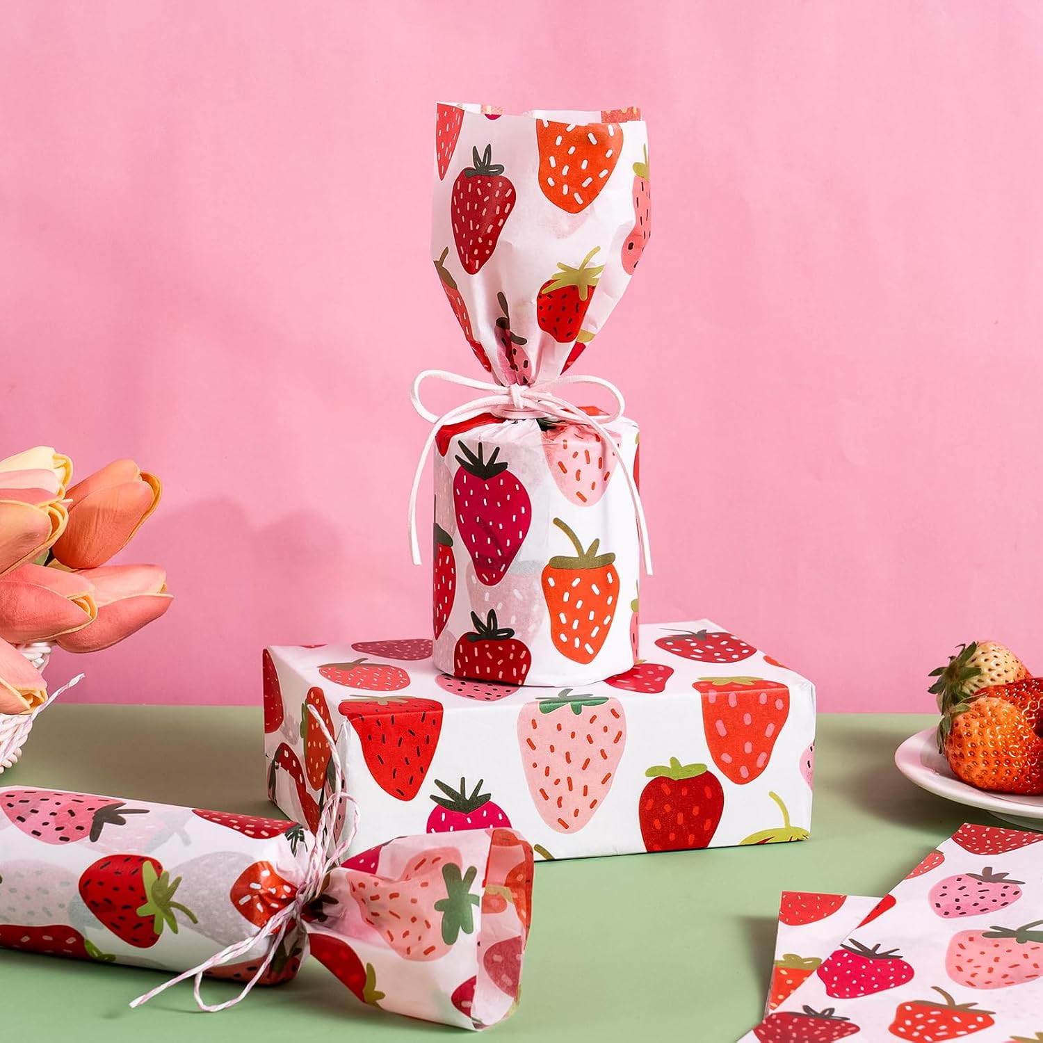 WRAPAHOLIC Strawberry Wrapping Tissue Paper - 30 Sheets 14 x 20 Inch Sweet Fruits Strawberry Tissue Paper Bulk for Summer, Birthday, Wedding, Bridal Shower, Art Craft, Party Favor Decoration