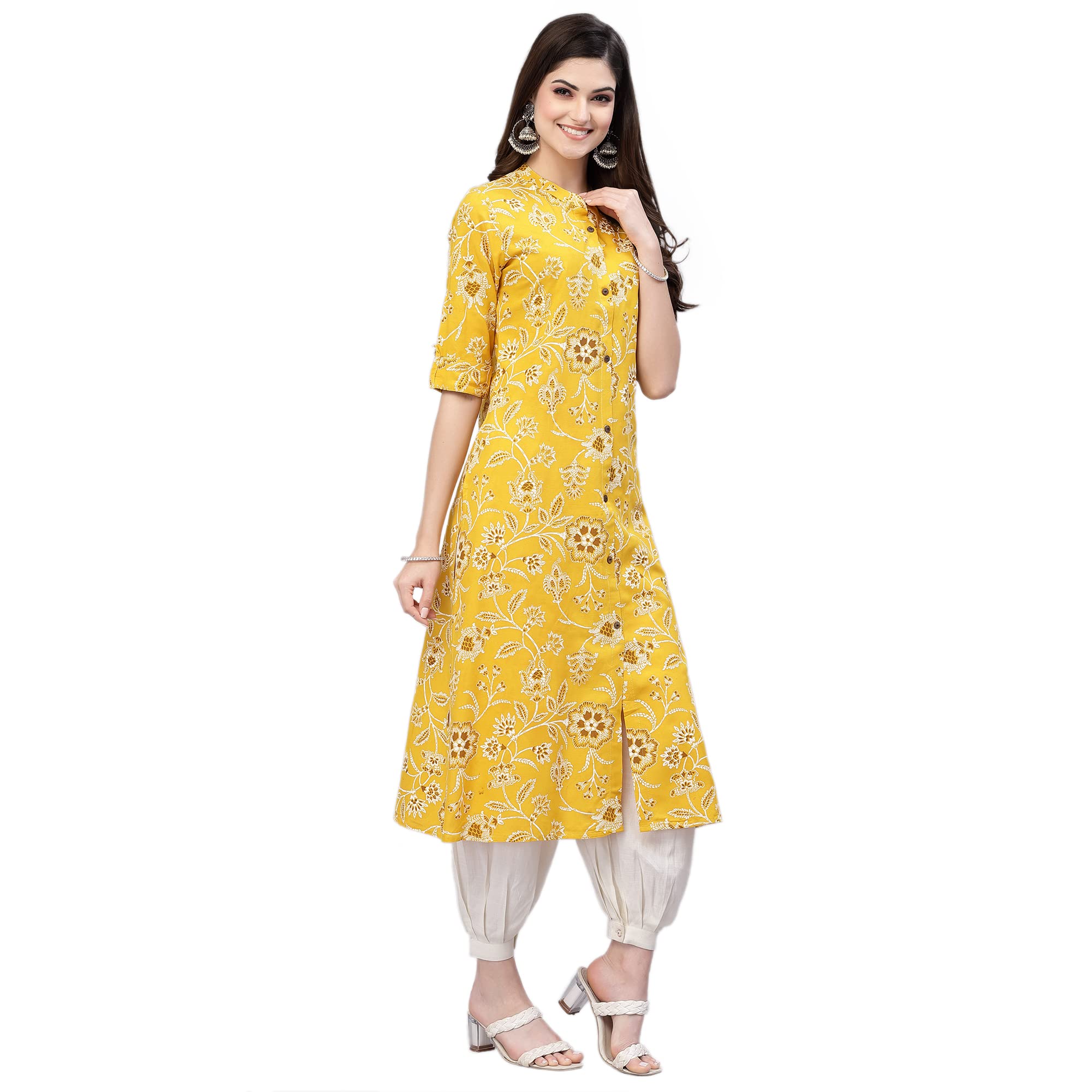 Stylum Women's Floral Print Rayon A-Line Kurta (Fionamustard36_Mustard, S)