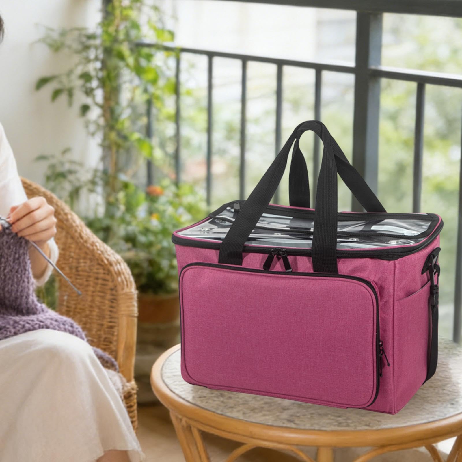 perfk Bolsa de Tejer, Bolsa de Crochet, Estuche para Hilo, Kit de Bordado, Aguja de Tejer, Accesorios para Manualidades, Crochet para Principiantes, Rosa Roja