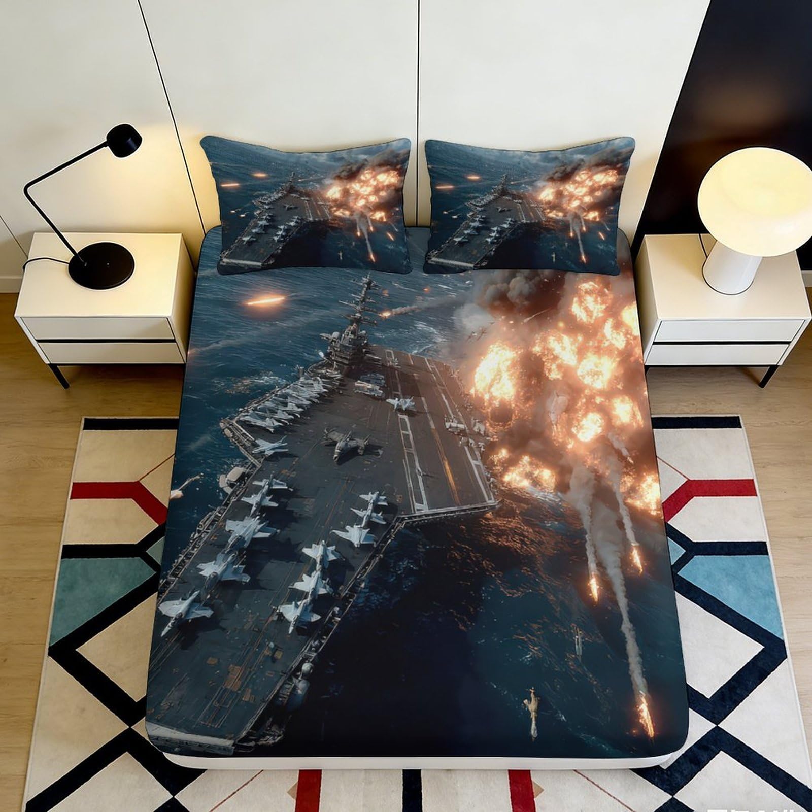 3D Printed Aircraft Carrier Fitted Sheet Microfiber Durable 3D Battle Scene Mattress Cover for Bedroom Dormitory Guest Room Mattress Protection 90x200x25cm
