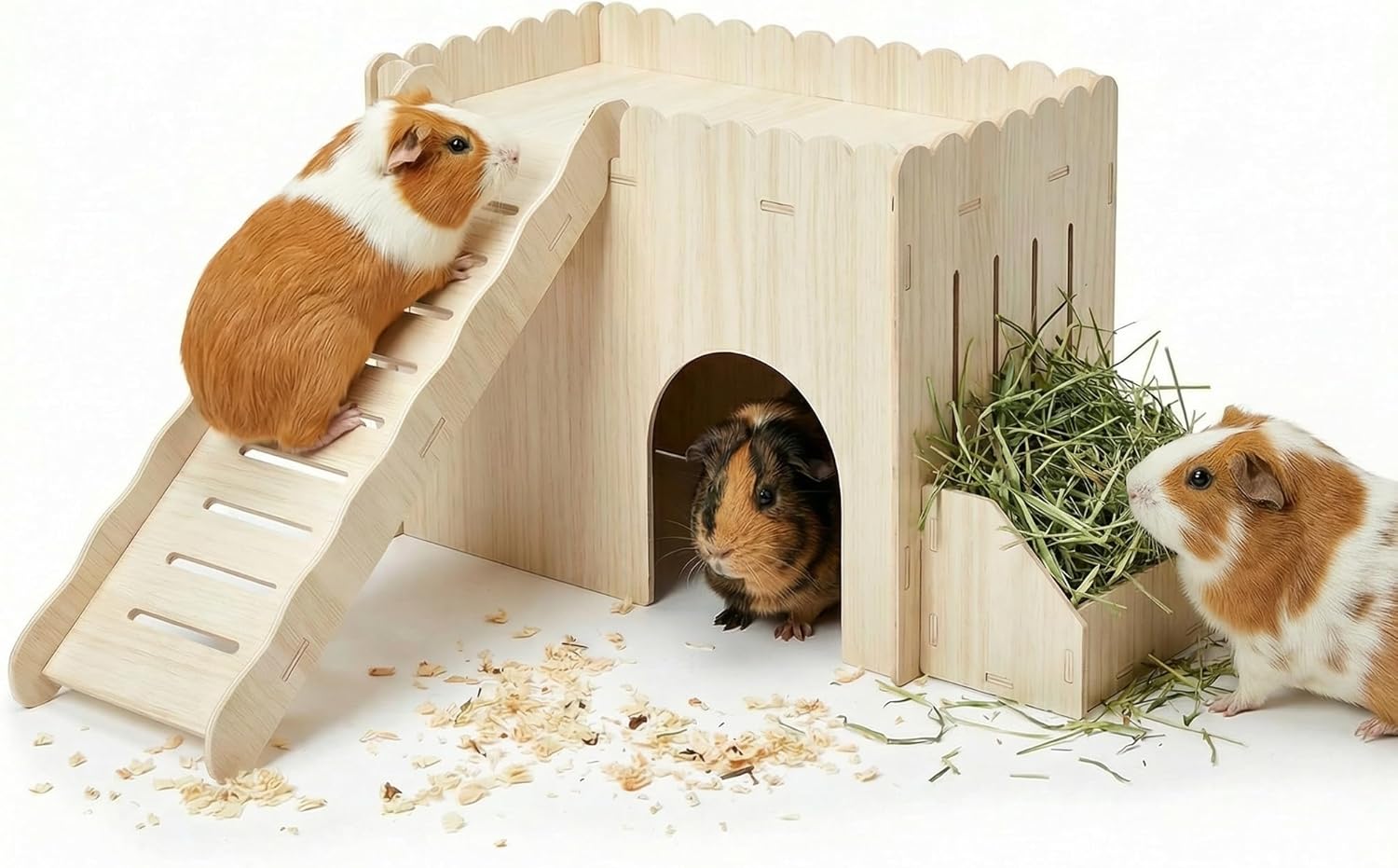 Extra Large Guinea Pig Hideout Wooden Bunny Climbing Toys Castle House with Ramp and Feeder, Enrichment Accessories for Rabbit, Chinchilla, Hamster, Hutch Cages for Small Animals