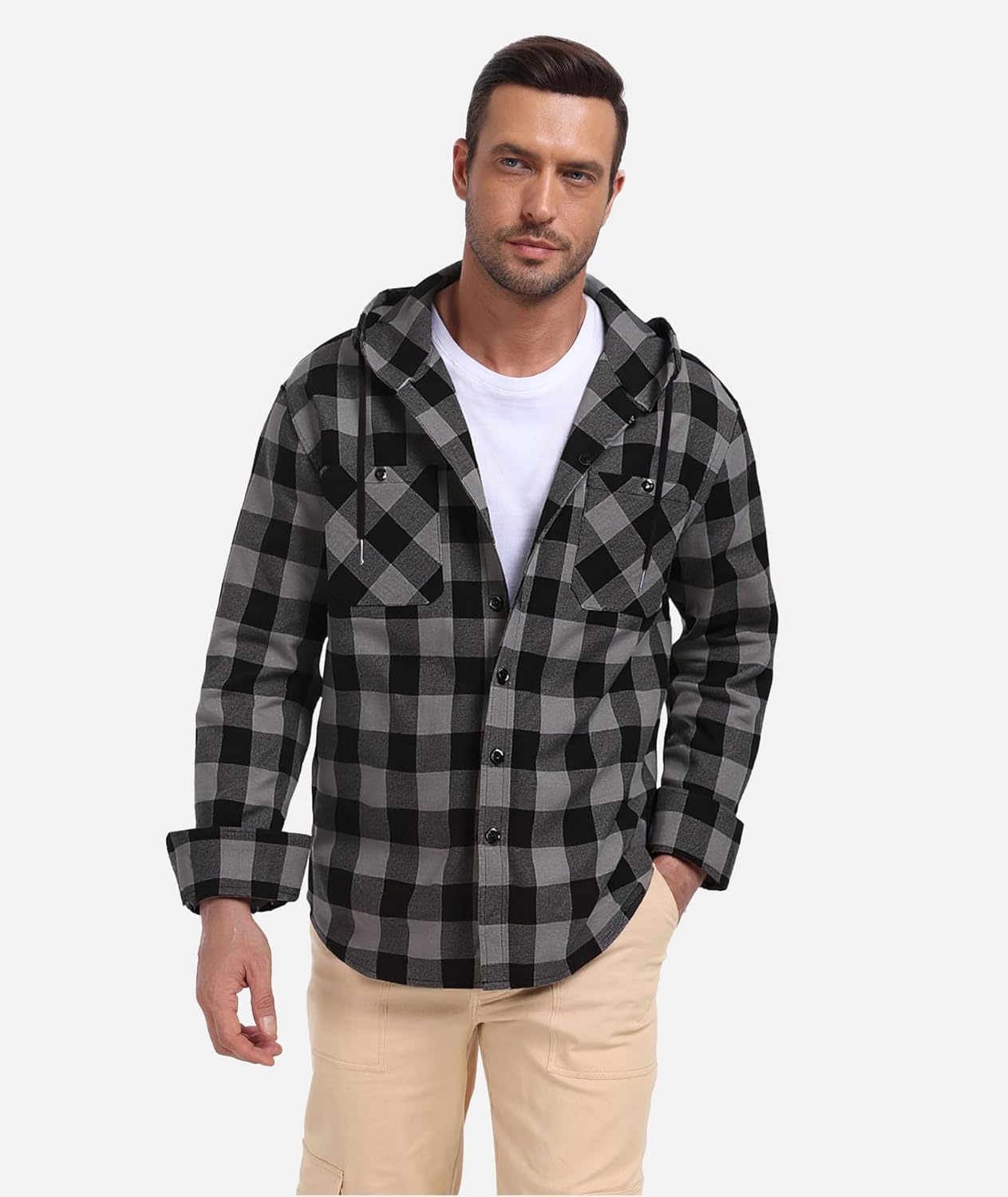 Mens Hooded Flannel Shirts Hoodie Shirt Lightweight Long Sleeve Casual Plaid Button Down Jackets Stylish with Pocket - Image 2