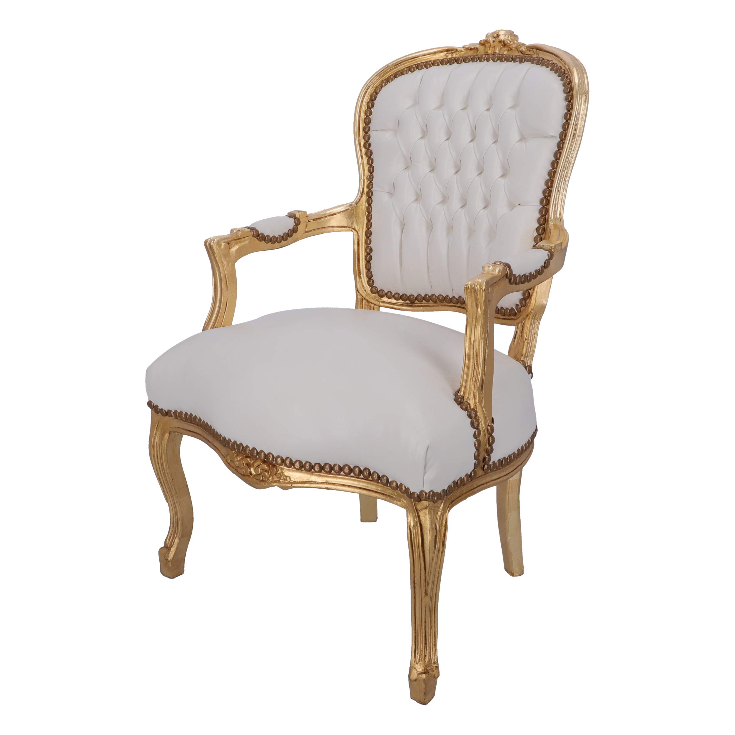 Way Home Store - Fauteuil BAROCCO Luis style français Louis XVI couleur or et simili cuir blanc avec clous -fauteuil entièrement en bois - Dimensions : 60 x 65 x 94 cm