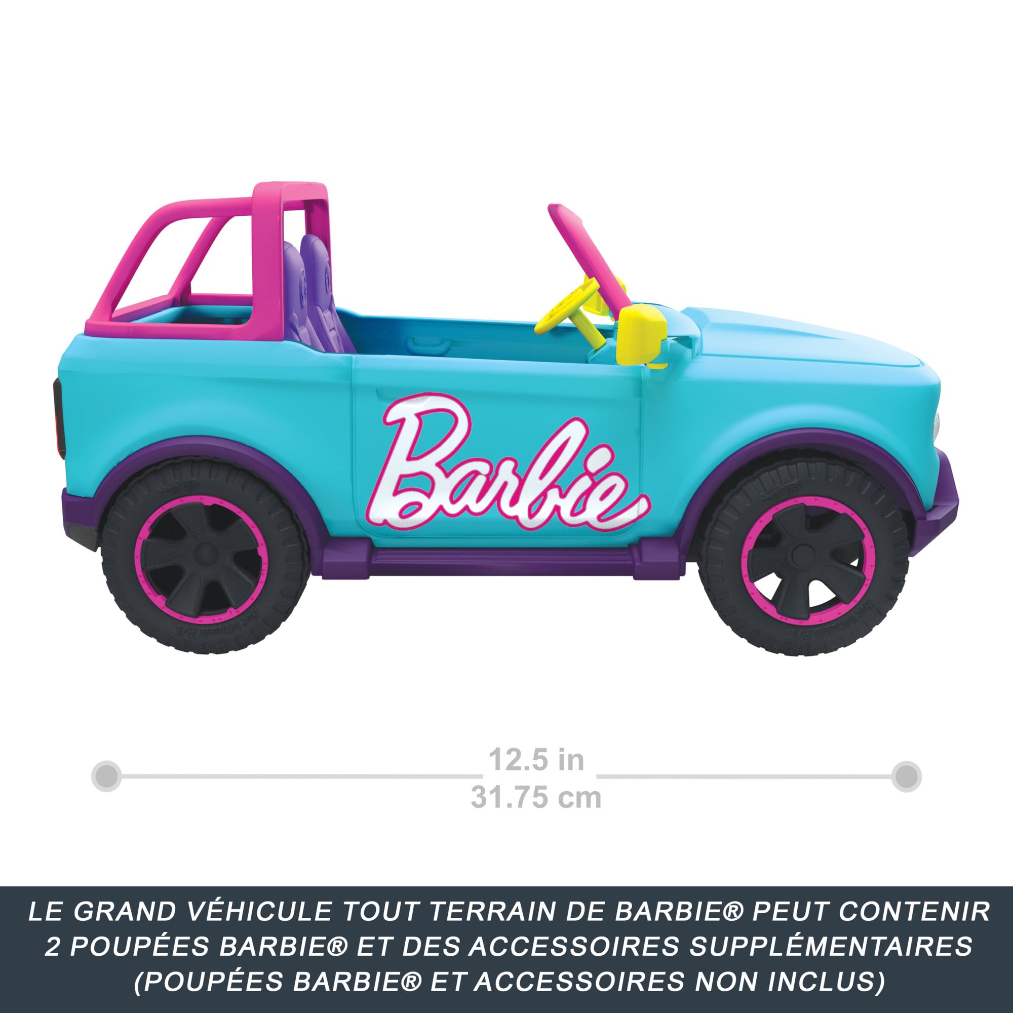 Hot Wheels Voiture Télécommandée, Grand Véhicule Tout-Terrain Barbie Véhicule pouvant contenir 2 poupées Barbie, Autocollants à appliquer par Les Enfants pour Personnaliser Le véhicule, HTP53