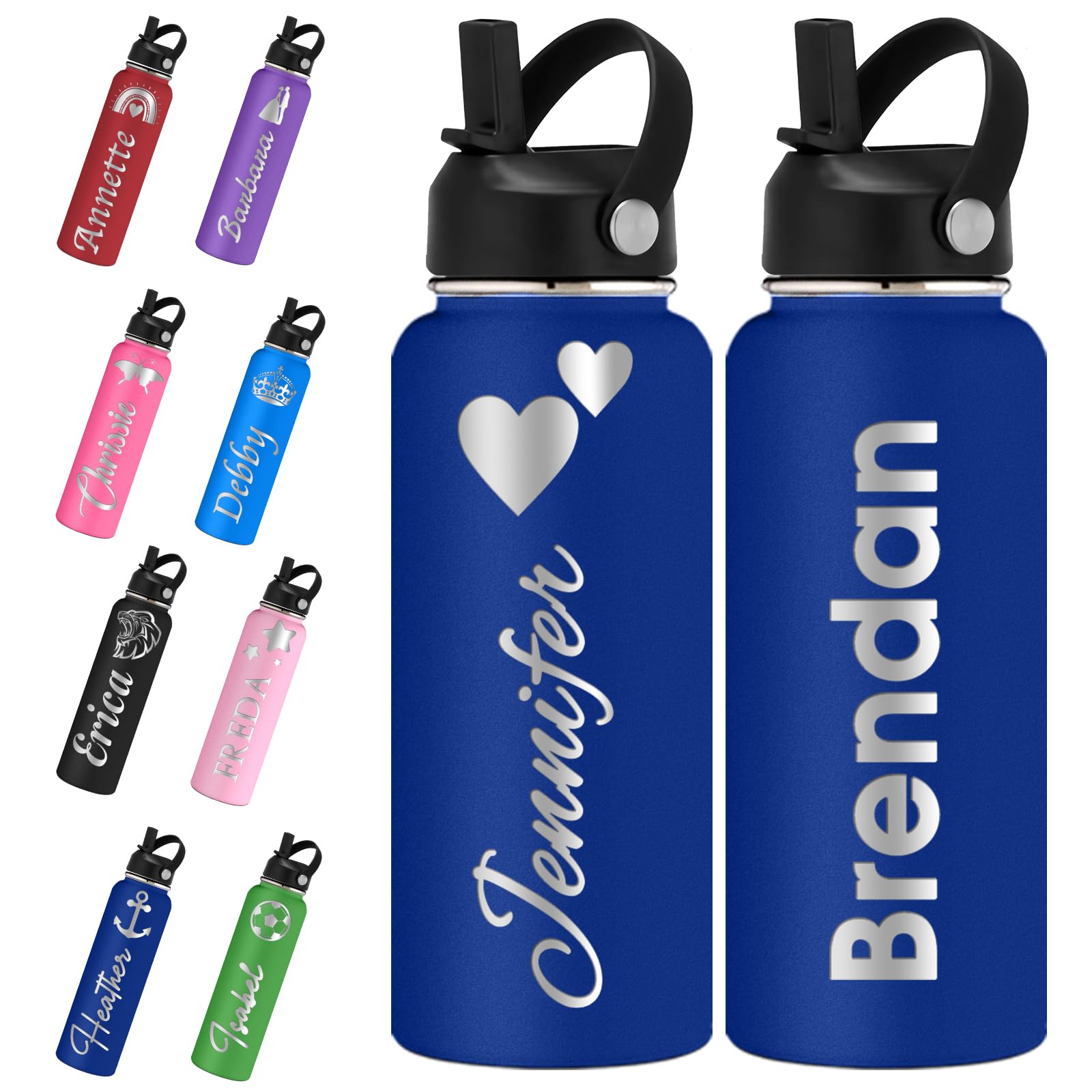 Xihedfd Personalised Water Bottles with Straw Lid 700ml/950ml/1150ml Custom Engraved Name Logo Stainless Steel Bottle Customised Insulated Thermos for School Sport Gym Work
