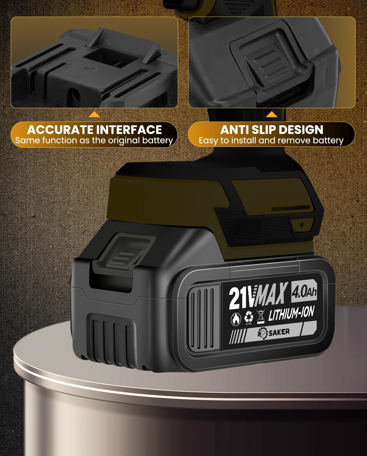 Two Saker 21V MAX 4.0Ah Lithium Ion Batteries stored neatly in a drawer, illustrating their portable size and ease of storage.