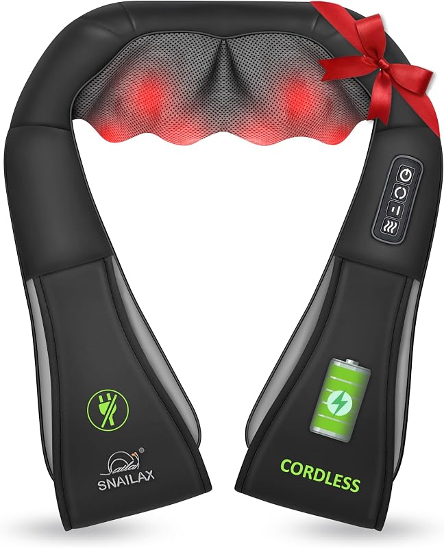Snailax Masajeador Shiatsu inalámbrico para cuello y hombros con calor | 8 nodos de amasado, 2 intensidades, uso inalámbrico de 70 a 80 minutos, recargable, cuello, espalda y hombros elegibles para FSA, temporizador, regalo