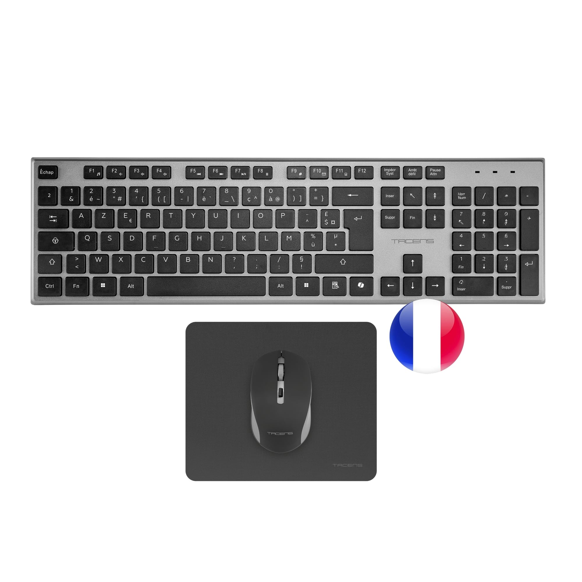 Tacens ZENITH, 3in1 Wireless Combo with DualLink 2.4 GHz Technology, Full-Size Membrane Keyboard with SmartKey Copilot AI, 3200 DPI Optical Mouse, Nanotextile Mousepad, French Language, Black