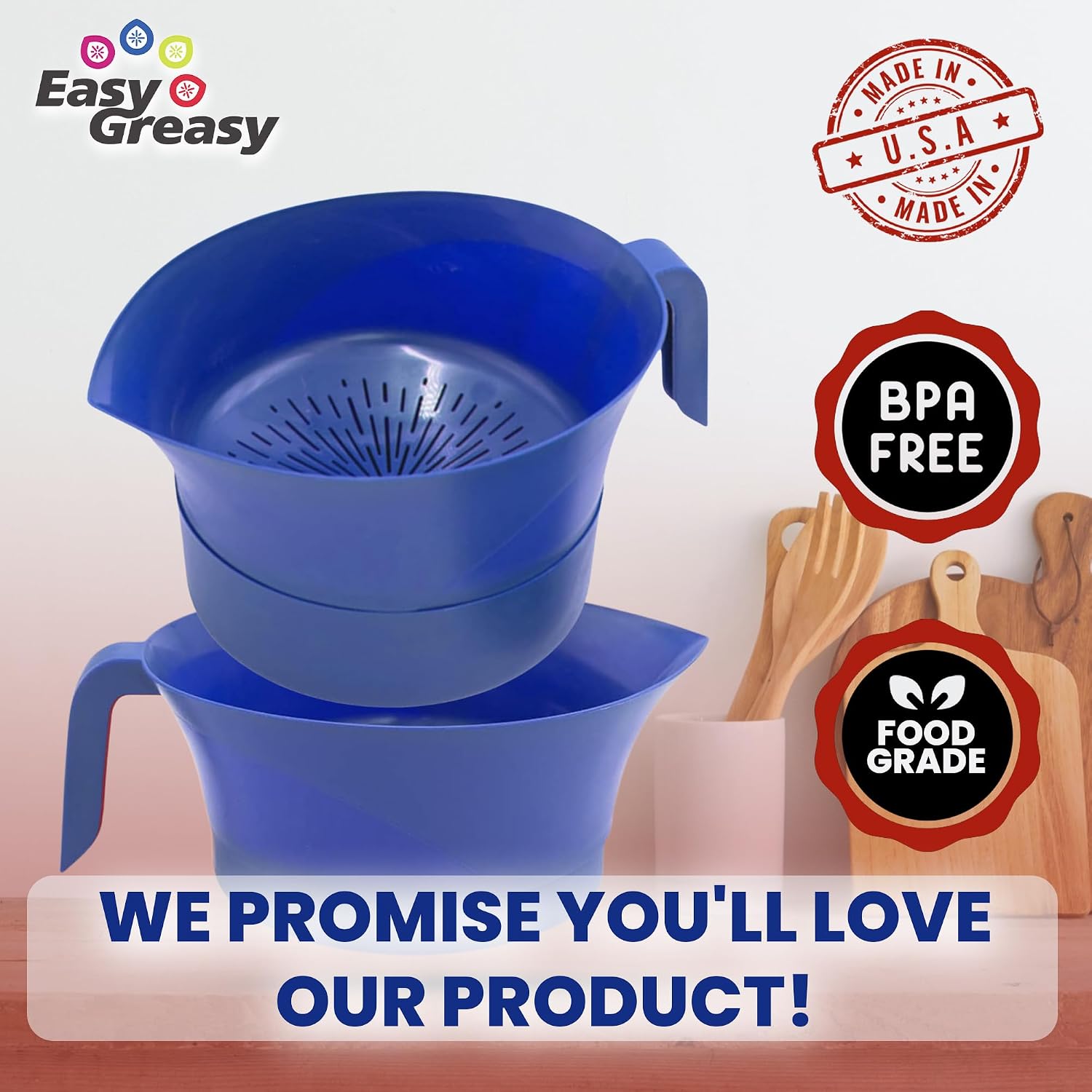 3-Piece Colander Grease Strainer Set – Blue Grease Separator with Handle, Container & Lid – Strains Bacon, Pasta, Ground Beef – BPA-Free Kitchen Gadget
