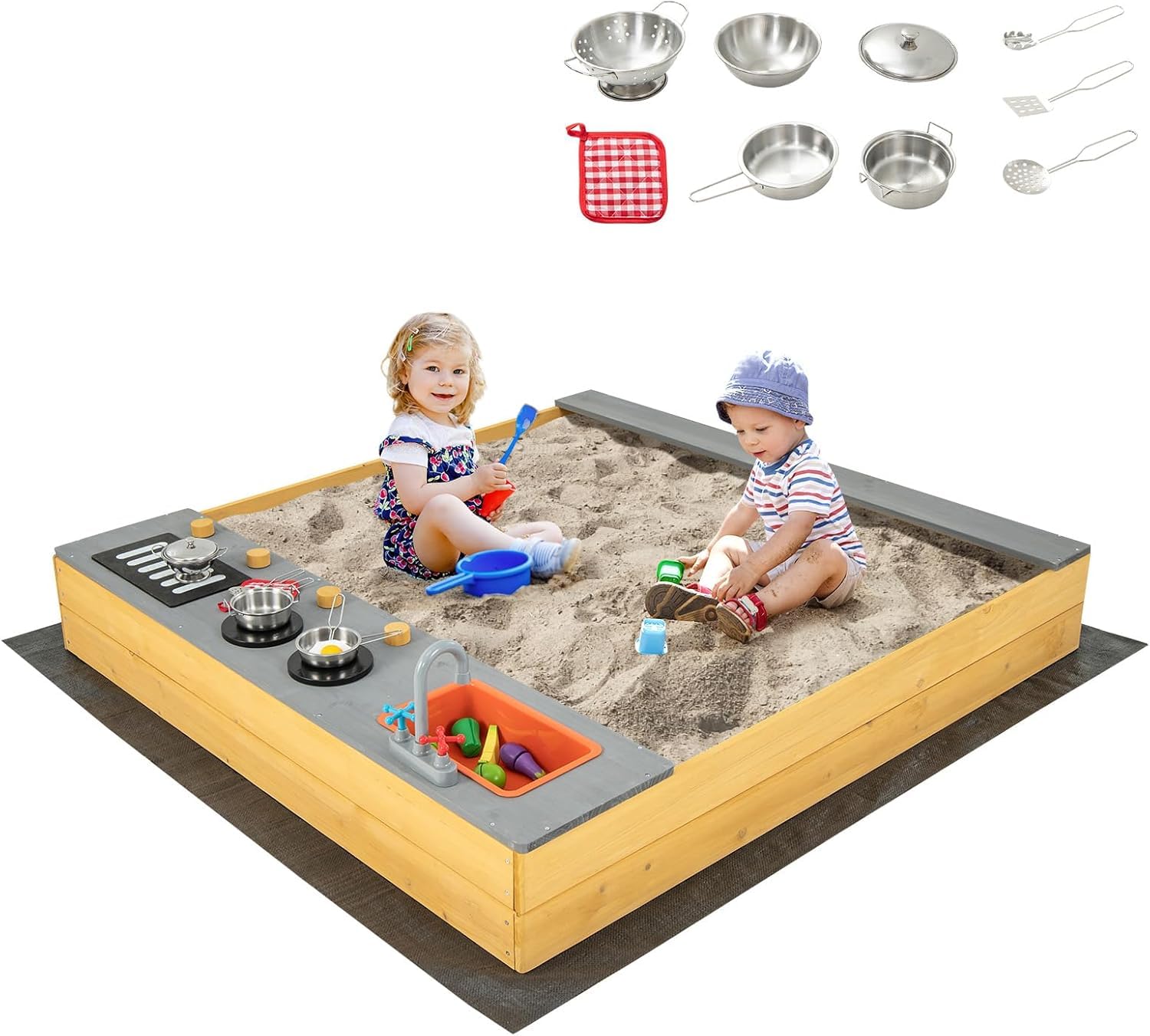 FANTASK Sandkasten aus Massivholz, Sandkiste mit 9 Küchenzubehör & Wasserhahn & Waschbecken, Sandbox inkl. Bodenplane