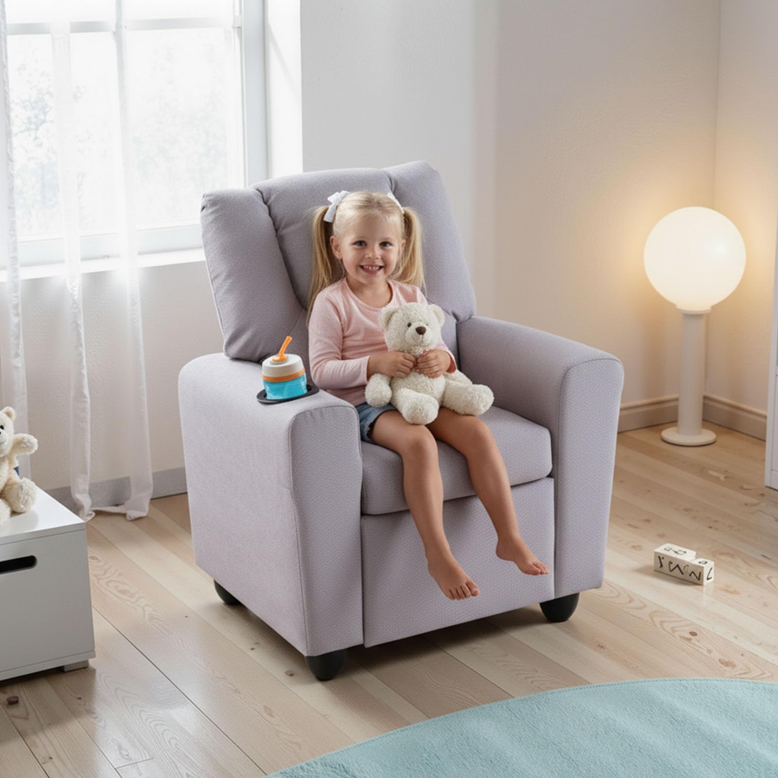 LIFEZEAL 2 en 1 Fauteuil Inclinable pour Enfants, Fauteuil pour 3 +Ans Garçons et Filles avec Repose-Pieds réglable et Porte-gobelet, Petit Canapé pour Chambres d'enfants, Salles de Jeux (Gris)