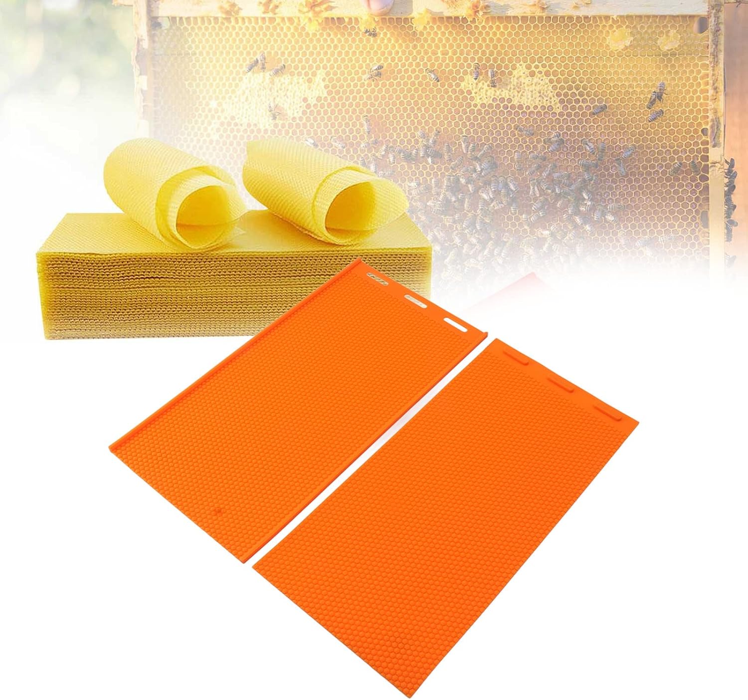 Topyond Silicone Beeswax Mold, 2 Sheets 5.4mm Flexible Beeswax Foundation for Beekeepers, Press Embosser Machine, Suitable for DIY Candle Making and Beekeeping(Orange)