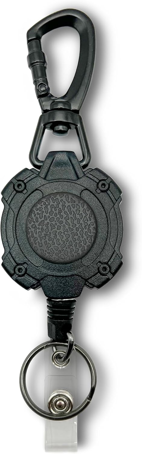 Heavy Duty Black Tactical Badge Reel. Swivel Carabiner Clip. 32.5” Steel Cable/Rope with Key Ring & ID Strap. 8 oz Weight